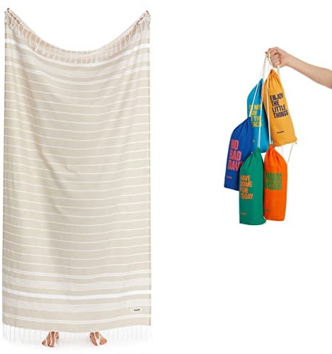 Luum® Strandtuch groß 95x200 Hamamtuch Saunahandtuch Badetuch Handtuch Yogatuch Duschtuch Strandhandtuch Saunatuch Reisehandtuch Turkish Towels, Damen Herren, 100% Baumwolle, Beige
