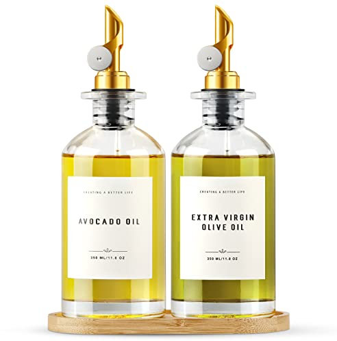 GIXSEGIE Olive Oil Dispenser Bottle with Bamboo Tray, Oil and Vinegar Dispenser Set w.Metal Pour Spout, Coffee Syrup Dispenser, Olive Oil Cruet Cooking Oil Dispenser for Kitchen