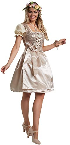 dressforfun Dirndl Damen Mini, kurzes Dirndlkleid in Glanz-/Glitzeroptik, Trachtenkleid Damen mit Pailletten und Schürze, Trachtenrock Kleid für Oktoberfest, mit Dirndl Bluse Damen kombinierbar, beige