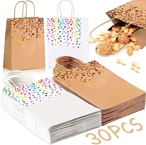 MOOING 30Stück Papiertüten, Papiertüten mit Henkel, 21 * 15 * 8cm Papiertüten Klein, Kraftpapier Tüten, Geschenktüten, 15 Heißprägung Herz Papiertüten Braun, 15 Heißprägung Herz Papiertüten Weiß