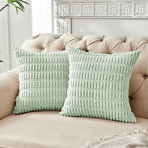 FY FIBER HOUSE 2er Set gemütliche Gestreifter Kordsamt Kissenbezüge Kissenhülle, dekorative quadratische Zierkissenbezüge für Couch, Bett, Sofa, 40x40cm, Salbeigrün