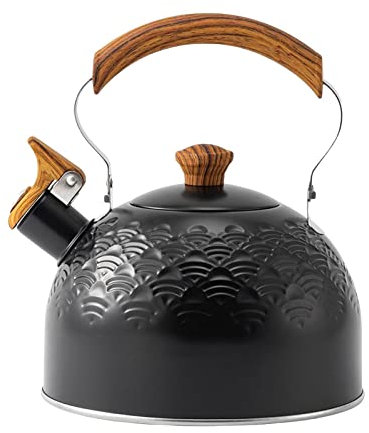 Whistling Kettle 2.5L,Black StoveTop Stainless Steel Teapot with Wooden Handle, Flat-Bottomed Kettle Hemispherical Chirping Kettle for Flame/Electric Stove,Boiling or Pouring Milk, Tea or Water