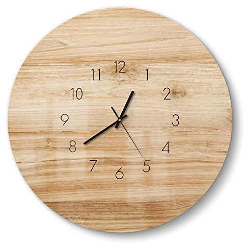 DEQORI Glasuhr | rund Ø 50 cm | Motiv Holzstruktur detailliert | große XXL Design Uhr aus Glas | leise Wanduhr für Wohnzimmer & Küche | moderne Hingucker Uhr für die Wand