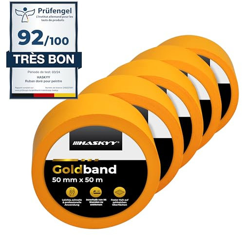 HASKYY Goldband Malerkrepp Kreppband 5x Malerband 50mm x 50m Profi Abdeckband Malertape Klebeband Washi Tape Gold Papiertape Selbstklebend
