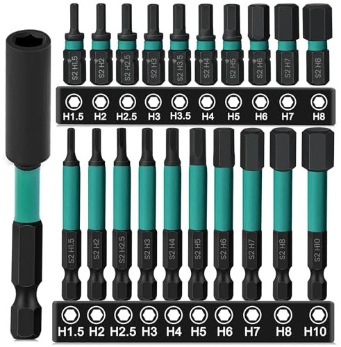 K Kwokker 21PCS Impact Drill Allen Key Bit Set 25mm+60mm Long, Hex Bit Set H1.5-H10 Metric Hex Impact Screwdriver Driver Bits,1/4 Allen Shank S2 Steel Bits with Magnetic Bit Holder
