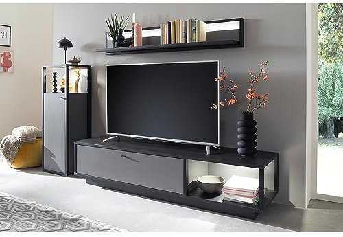 Wohnzimmermöbel Set Wohnwand grau 3-teilig Modern mit anthrazit, 1 Highboard, 1 Lowboard, 1 Wandboard