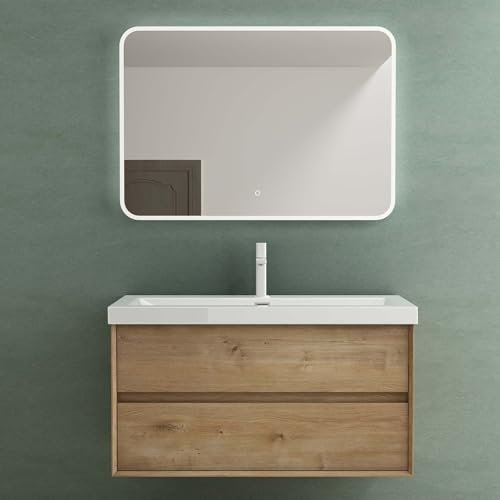 Mai & Mai Badmöbelset Badezimmermöbel Waschbeckenunterschrank 2 Schubladen mit Soft-Close inkl. Waschbecken aus Mineralguss und LED-Badspiegel Kerneiche 100 cm Rimo