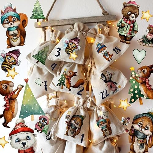 Adventskalender A3 und A4 Bügelbilder Patches Motiv Wintertiere Winter Weihnachten Weihnachtsmotive zum Aufbügeln ad07 - ausgewählte Größe: *A4 Einzelmotivgröße ca. 4,5cm*