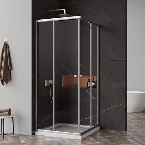 Goezes Eckeinstieg Duschkabine 80x80x185cm Glas Schiebetür Dusche, Duschschiebetür Duschabtrennung Schiebetüren Duschwand mit 6mm ESG Sicherheitsglas, Silber Eckdusche Duschtür