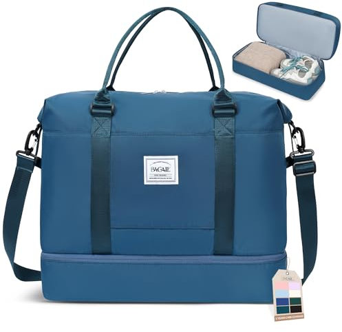 BAGAIL Reisetasche mit extra Stauraum am Boden, Nass- und Trockentrennung, ideale Weekender-Tasche, Sporttasche und Krankenhaustasche - Pfauenblau