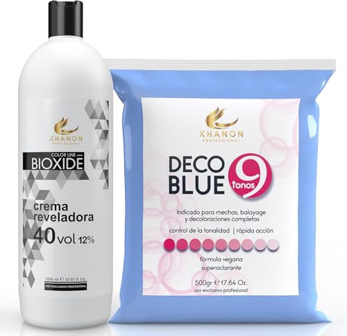 Pack Oxigenada en Crema 1000ml 40 Vol + Polvos Decolorantes de Cabello Azul 9 tonos 500gr | Fórmula Vegana | Superaclarante | Xhanon Professional