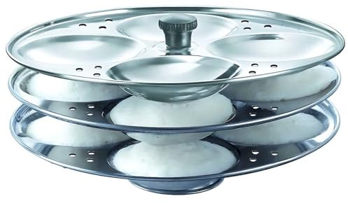 Stainless Steel Idli Stand Maker 3,4,5 Plates Rack Dhokla and Patra Tray Plates Sancha Pot For Pressure Cooker Silver (Silver 3 Tier Tray)