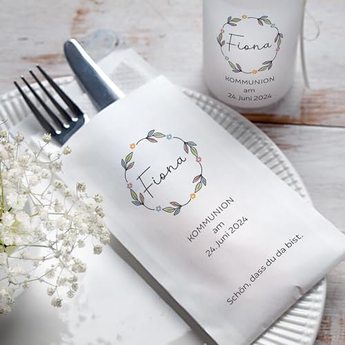 Tischdeko personalisierbare Bestecktasche Blumenkranz Jugendweihe jeder Anlass Konfirmation Firmung Taufe Geburtstag
