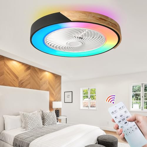 RGB Ceiling Fans with Lights and Remote Control Quiet Ceiling Fans with Lamps Led Dimmable Reversible Motor 6 Speeds Flush Mount Ceiling Fan Lights with Timing for Bedroom Living Room Fan Light