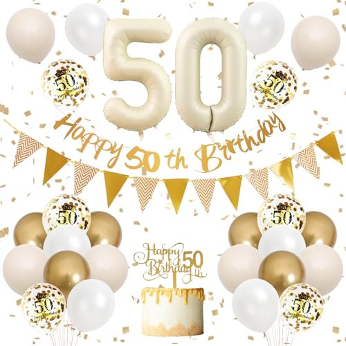 50th Birthday Decorations - Sand White Gold, Balloons Beige Gold, Happy Birthday Banner with Cake Toppers, Number 50, Balloons for Women & Men's Party Decorations