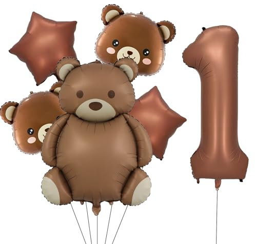 VIKY® Bär Geburtstagsdeko 1 Jahr Junge Mädchen, Bären Luftballon 1. Geburtstag Deko, Geburtstagsdeko 1 Geburtstag Luftballons, Erster Geburtstag Deko Set mit Bär Folienballon und Stern Helium Ballons