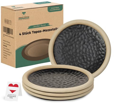 Urban Lifestyle kleine rustikal Mezze Teller (Schoko Braun) aus Steinzeug 15 Ø x 2,5cm Set 4 runde Servierteller Dessertteller Frühstücksteller Snackteller A-B Ware kleine Glasurfehler möglich