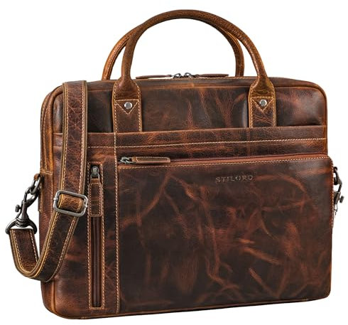 STILORD 'Jared' Unique Sacoche Ordinateur Cuir Sac Ordinateur 15.6 Pouces à 16 Cartable Homme Vintage Sac de Travail Femme Sac à Main Bandoulière Cuir Véritable, Couleur:luino - Marron