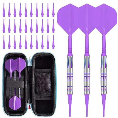 CyeeLife Dartpfeile Softdarts Stelldartpfeile mit Kunststoffspitze 90% Tungsten 3 Stück 90% Wolfram, Professionelles Darts Set mit Flights, Schäfte und Spitzen (Lila)