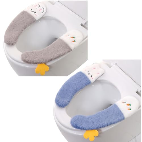 2pairs Toilet Seat Cover, Toilet Cover Pad Thickened Sticky Lovely Winter Toilet Seat Washable Plush Cushion Soft Toilet Cushion (Blue+Grey)