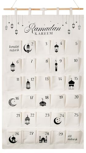 BOFUNX Ramadan Kalender zum Befüllen 2025 Ramadan Adventskalender als Wandkalender aus Stoff mit 30 Stoffbeutel Eid Mubarak Ramadan Deko 100x60 cm