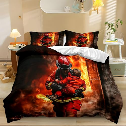 Generisch Bettwäsche-Set Realismus Feuerwehr Kinder 3D-Druck Verdeckter Reißverschluss Mikrofaser Bettwäsche 135x200cm Weicher Bettbezug für Erwachsene und Kinder 2 Kissenbezüge 80x80cm