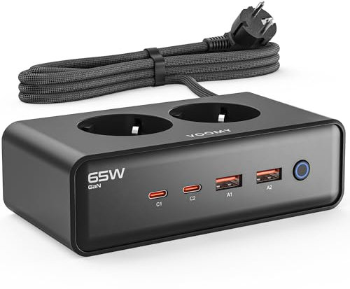 VOOMY Mehrfachsteckdose mit USB (65W), Steckdosenwürfel 4000W, Steckdosenleiste Überspannungsschutz, Mit 2 USB-C und 2 USB, 2m Verlängerungskabel, Steckerleiste mit Schalter, Für Laptop, Handy, Tablet