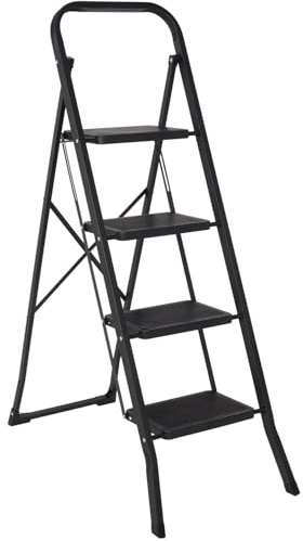 Brixy Robuste Stehleiter 3 Stufen, klappbar und rutschfest, aus Metall, Schwarz