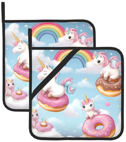 Einhorn-Donut-Regenbogen, quadratisch, hitzebeständig, 20 x 20 cm, wasserdichte Küchenpads mit Tasche und Schlaufe für Ofen, Grill, 2 Stück