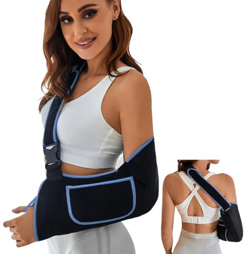 XFSRG Echarpe De Bras Attelle Coude Armschlinge Schulter Gaine Pour Bras Avec Sac De Rangement Attelle Epaule Droite Femme Et Homme Réglable Coudiere Tendinite(Bleu-Noir, M)