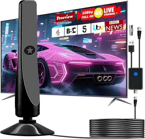 Upgraded TV Aerial - Indoor TV Aerial for Smart TV with Signal Booster, Digital TV Antenna indoor with strong signal uk for Miles Long Range Support 5K 1080P HDT - 2025 Newest.