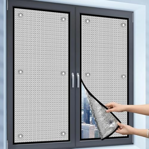 Aluminisierte Wärmeisolierung Isolierfolie für Fenster, 99% Sonnenschutzfolie Rückstandslose Doppelte Verdunkelungs Fenster Folie mit Saugnapf für Dachfenster Mieter Altbau(Silvery 95x150cm)