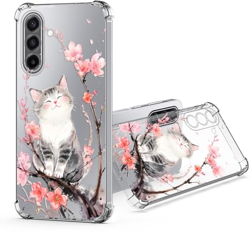 JRIANY für Samsung Galaxy A17 5G / 4G Durchsichtig Hülle, Transparent Weich Silikon Handyhülle mit Bunt Blumen Muster Motiv Stoßfest Kameraschutz Schutzhülle Slim Clear Klar Case Cover - Katze