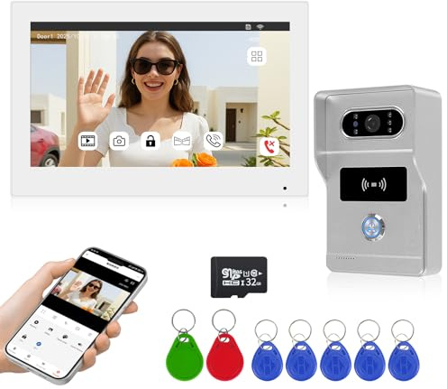 OBO HANDS Videoportero 2 Hilos 7, Timbre WiFi Tuya, Vídeo y Audio, Desbloqueo por Tarjeta RFID, Visión Nocturna, Fácil Instalación