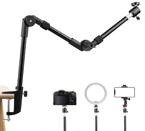 Pied Telephone Portable, Support Telephone pour Filmer Trépied De Table Flexible avec Bras Articulé Support De Micro Bureau et Caméra Rotule 1/4” pour Smartphone Webcam DSLR Ring Light Projecteur