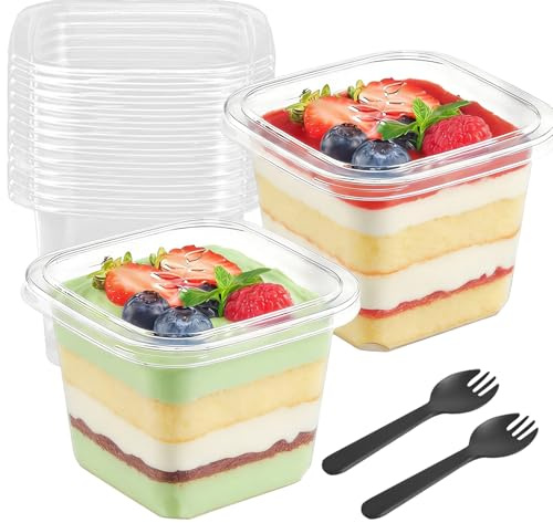 50 Stück Dessertbecher Plastik mit Deckel 360ml Dessertbecher Eckig Plastik Dessertgläser mit Löffeln, Dessertschalen Wiederverwendbar Parfait Vorspeisenbecher für Tiramisu Desserts Pudding Mousse