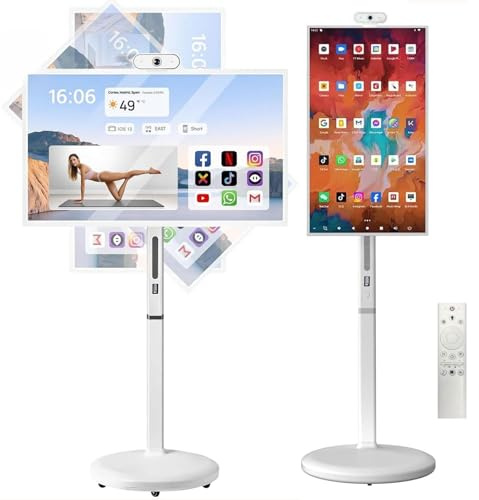 TV portátil inteligente con pantalla táctil, control de voz y control remoto, diseño móvil rodante
