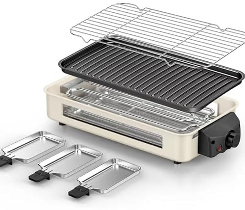 3 in 1 1500W rauchfreier Innengrill, Einstellbare Temperaturregelung Elektrischer Innengrill für Küche mit Antihaft-Abnehmbarer Grill & Grillplatte, BBQ Grill mit 3 Mini-Tabletts