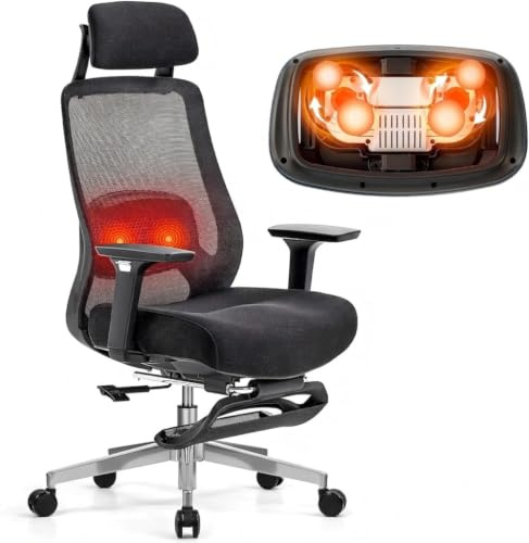 FLEXISPOT MasterEase Massage Bürostuhl mit Fußstütze, ergonomischer High-Back-Schreibtischstuhl mit 2D-Lendenstütze mit Heiz und Massagefunktion, 4-Fach Verstellbarer Rückenlehne, Schwarz