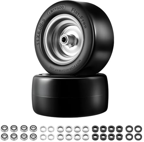 MYYGOO 11 x 6.00-5, flacher Reifen und Rad, universal, 1,9 cm, 5/8 Zoll und 1,27 cm Kugellager, 2 Stück, Gummi-Rasenmäherreifen mit Felge – mit 15,2 cm - 20,3 cm zentrierter Nabe, 2 Stück, Grau