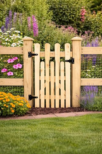 Wooden Garden up and Down Picket Gate Pressure Treated Timber Pedestrian Fence Gate, Outdoor Wooden Garden Gate with Picket Design (90cm Hight x 90cm Wide x 5cm Deep)
