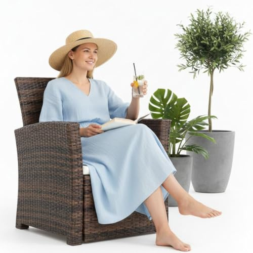 Mucola Gartensessel Polyrattan Lounge inkl. Sitzkissen 78x62x65 cm Braun | UV-beständiges wetterfestes Geflecht, waschbare Bezüge in Beige, pulverbeschichtetes Stahlgestell, für Balkon und Terrasse