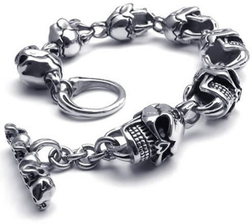 Konov Jewellery Herren-Armband Totenkopf im Biker-Stil schwer Edelstahl silberfarben / Schwarz groß inklusive Geschenkbeutel