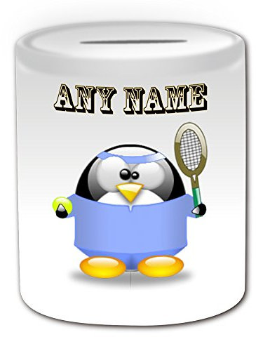 Personalisiertes Geschenk – Tennis Player in blau Spardose (Design Pinguin in Kostüm Thema, weiß) – alle Nachricht/Name auf Ihre einzigartige