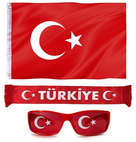 Murago - 3 teiliges Türkei Party Fanset - Deko Fanartikel Flagge Fahne ca. 60x90 cm groß Schal Sommerschal Fußball EM WM Sonnenbrille Bayrak Fußball Fanpaket