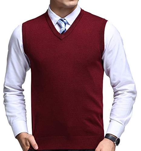 FULIER Mens Winter V-Neck Sleeveless Vest Classic Business Gentleman Knitwear Knitted Waistcoat Sweater Cardigans Tank Tops (Large, Red)
