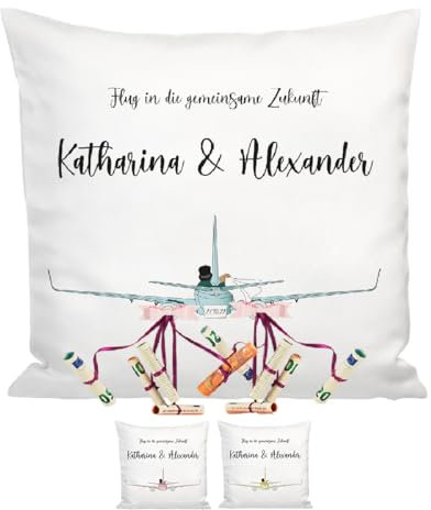 Personalisierbares Kissen als Geldgeschenk Hochzeit |Originelle Hochzeitsgeschenke für das Brautpaar | 40x40cm Hochzeitskissen mit Füllung | Motiv mit Flugzeug