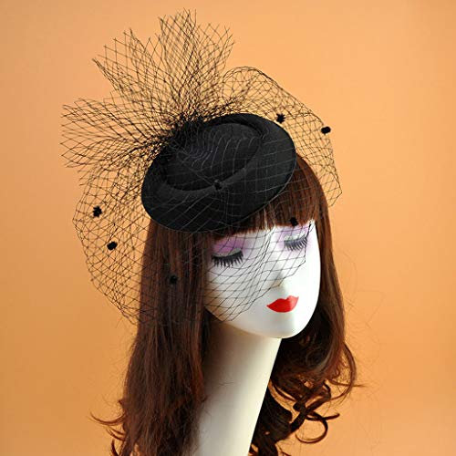 Haptian Womens Filz Fascinator Hut Topper Mesh Fischnetz Schleier Kleine Plüsch Welle Punkt Dekor Haarspangen Hochzeit Braut Cocktail Headwear 4 Farben(Schwarz-1Stück)