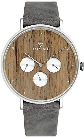 KERBHOLZ Holzuhr Uhr – Elements Collection Caspar analoger Herren Chronograph, Naturholz Ziffernblatt, echtes Lederarmband, Ø 42mm, Walnuss Grau