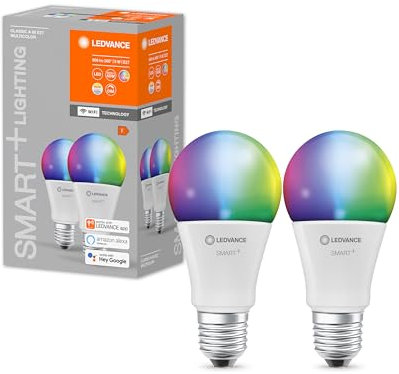 LEDVANCE Smarte LED-Lampe mit WiFi Technologie, Sockel E27, Dimmbar, Lichtfarbe änderbar (2700-6500K), RGB Farben änderbar, ersetzt Glühlampen mit 60 W, SMART+ WiFi Classic Multicolour, 2er-Pack